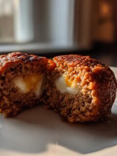 Close-up of a Mozzarella Stuffed Turkey Meatball cut in half showing the melted cheese center.