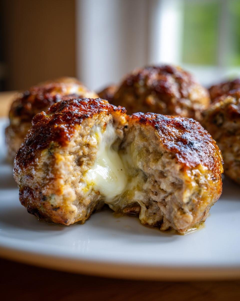 Close-up of a Mozzarella Stuffed Turkey Meatball cut in half showing melted cheese oozing out.