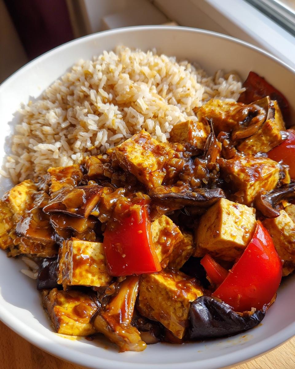 Close-up of a white bowl containing Mushroom And Tofu Stir Fry with red peppers, served alongside brown rice.
