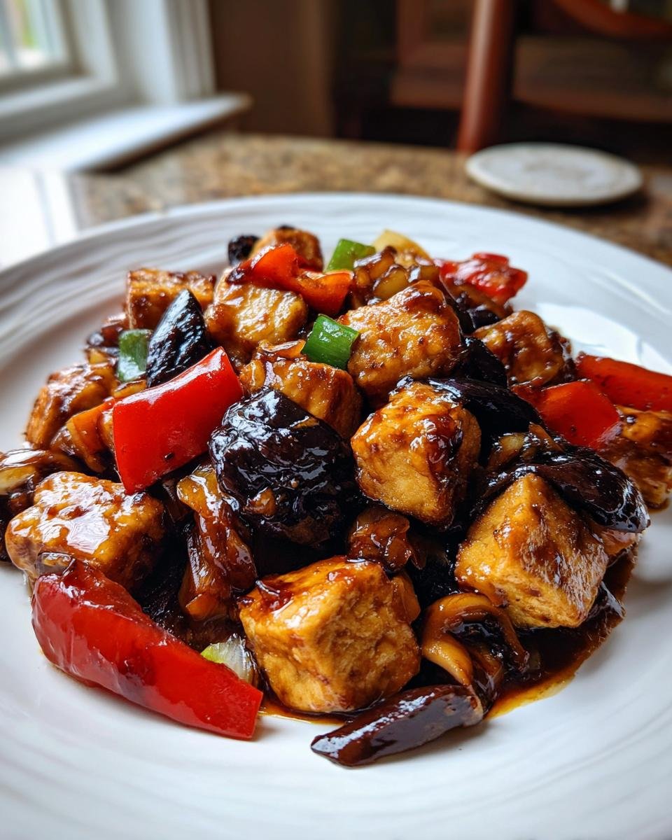 Close-up of golden tofu cubes mixed with dark mushrooms and bright red peppers in a savory sauce for Mushroom And Tofu Stir Fry.