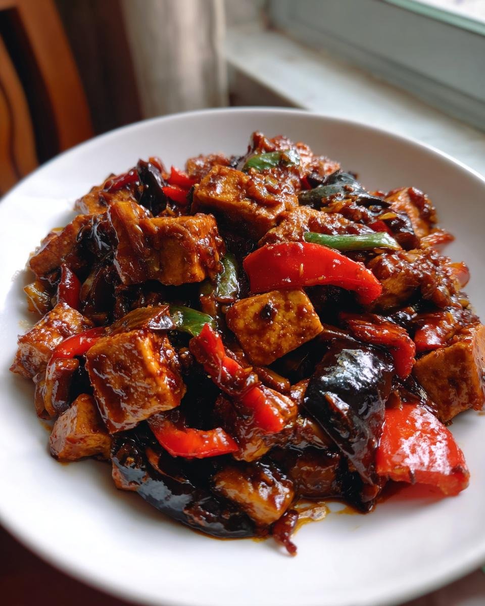 A close-up of a white bowl filled with glossy Mushroom And Tofu Stir Fry featuring dark sauce, red peppers, and eggplant.