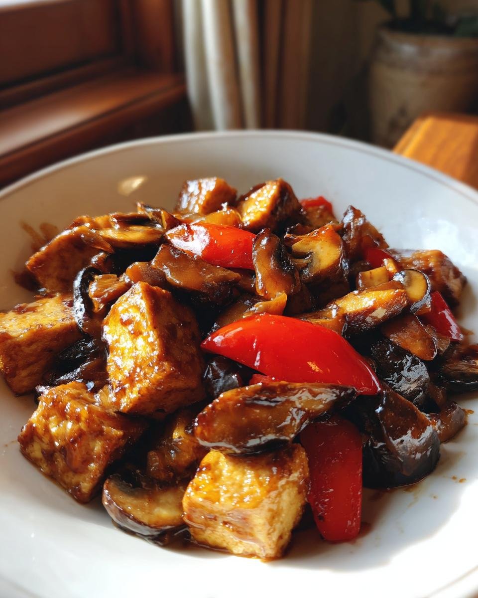 A close-up of a white bowl filled with glossy Mushroom And Tofu Stir Fry, featuring browned tofu cubes, dark mushrooms, and bright red bell peppers.