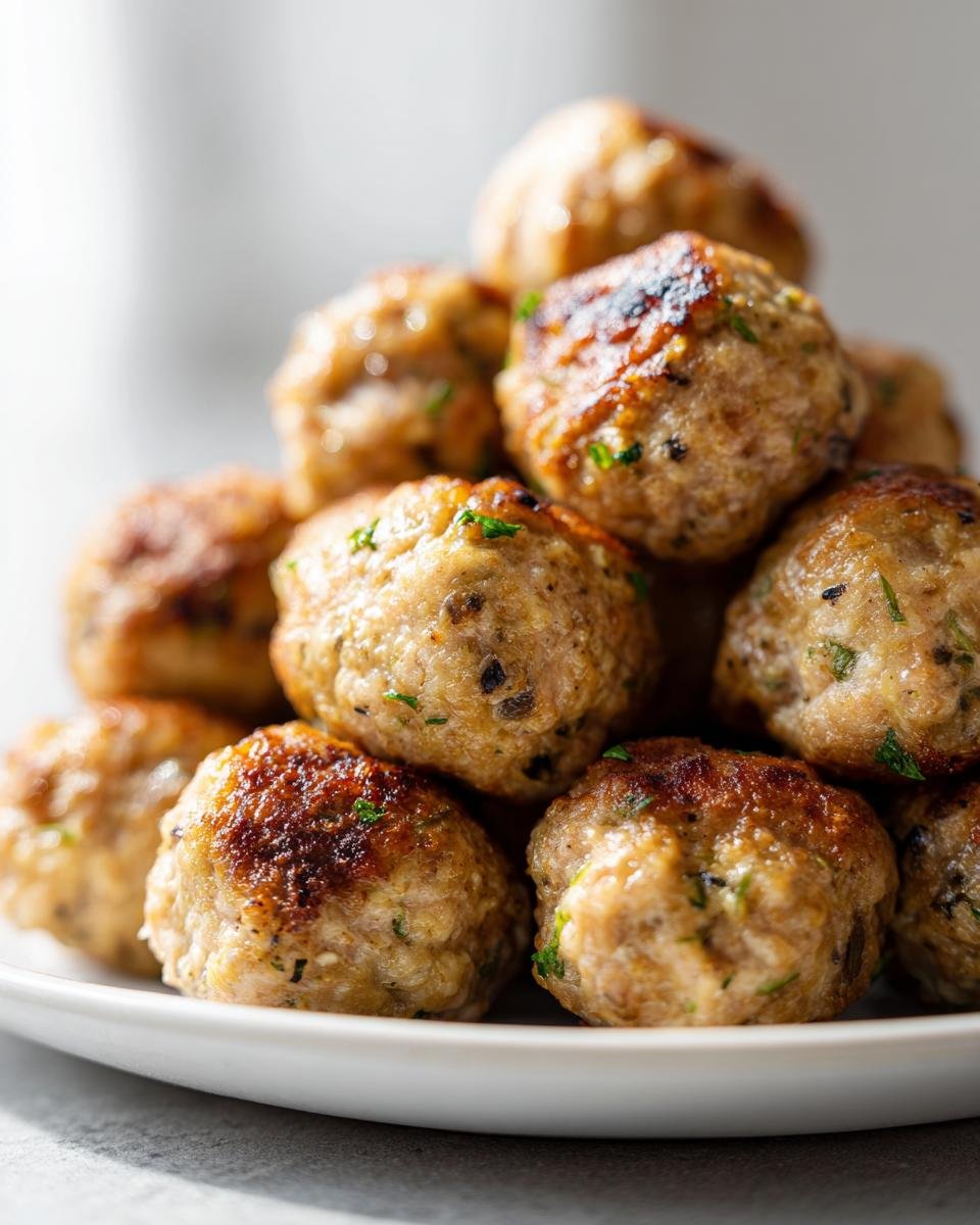 A close-up stack of perfectly browned Mushroom Chicken Meatballs piled high on a white plate.