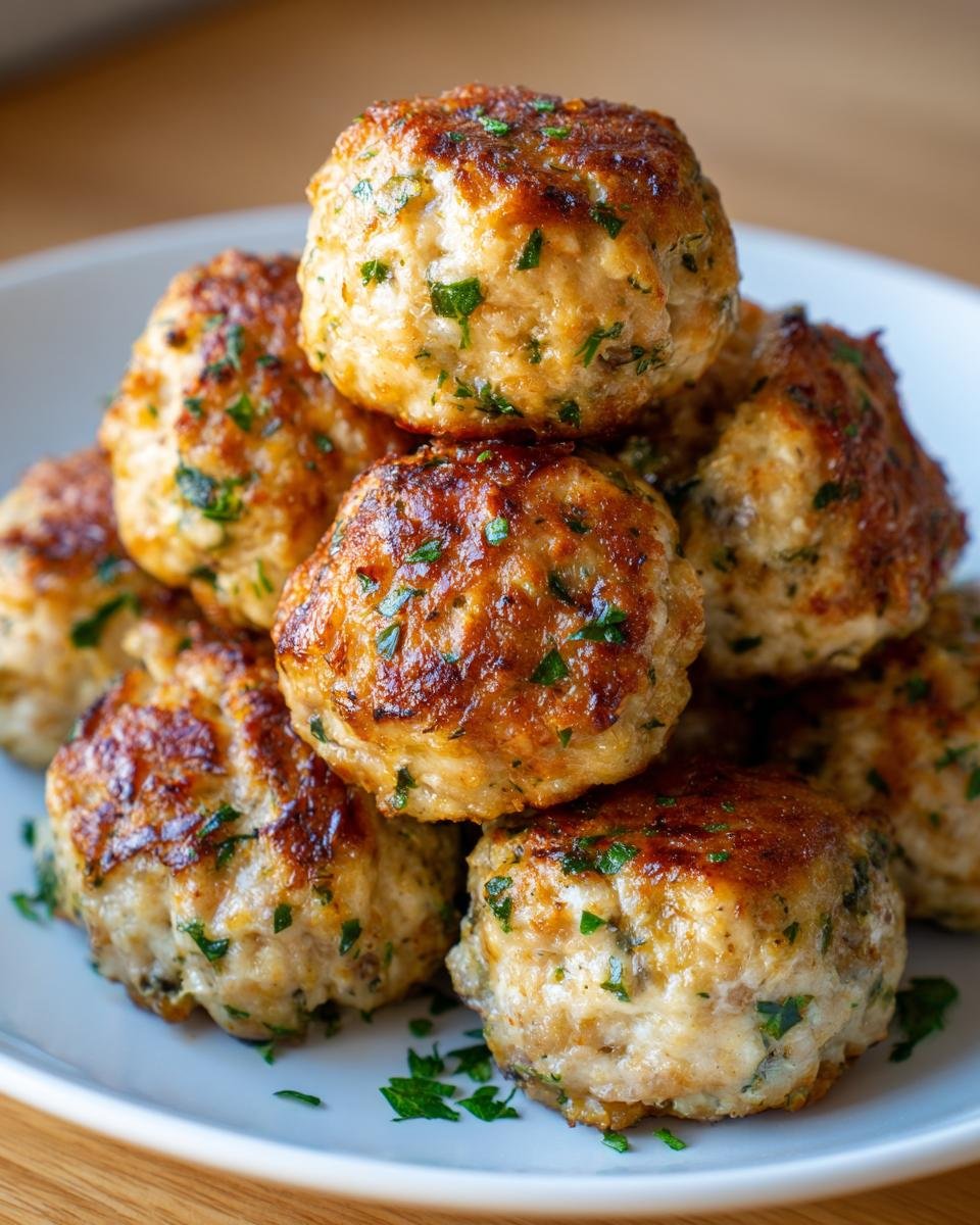 A stack of golden brown, pan-seared Mushroom Chicken Meatballs garnished with fresh parsley.