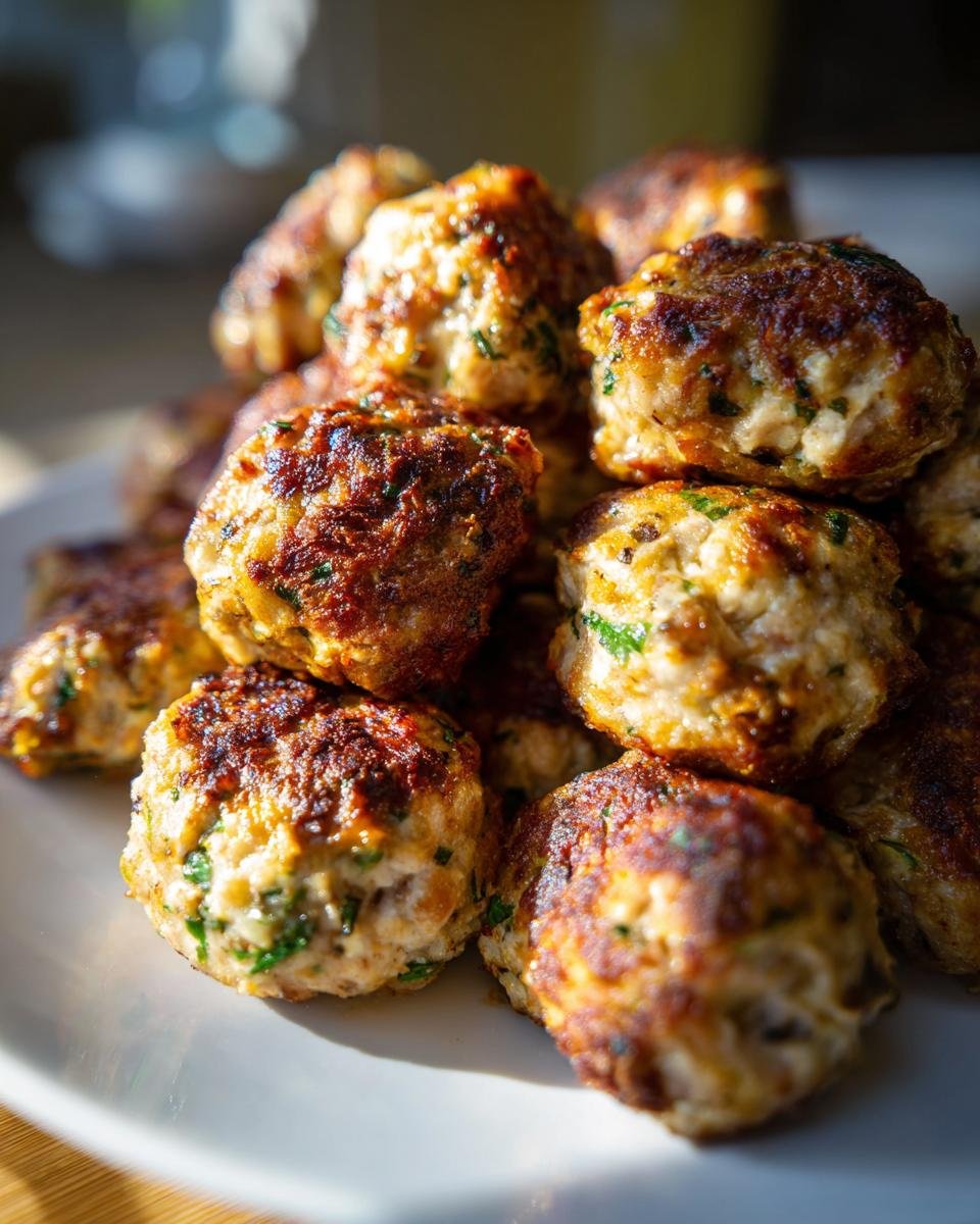 A close-up stack of perfectly browned Mushroom Chicken Meatballs on a white plate, showing visible herbs.