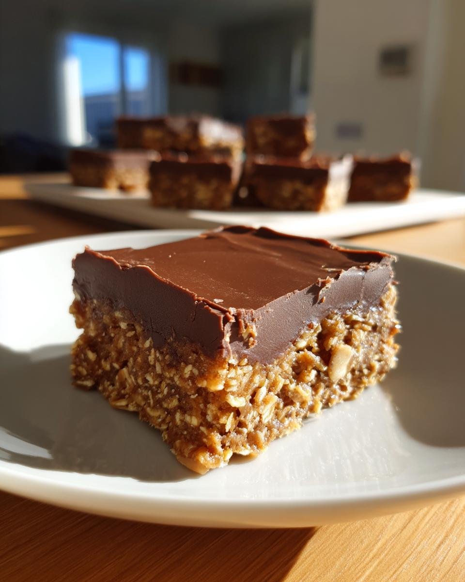 A close-up of one No Bake Chocolate Peanut Butter Oat Bars square with a thick chocolate topping on a white plate.