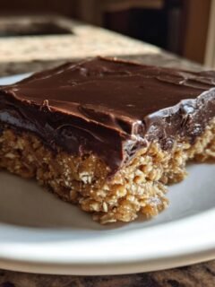 A single square of No Bake Chocolate Peanut Butter Oat Bars with a thick chocolate topping on a white plate.