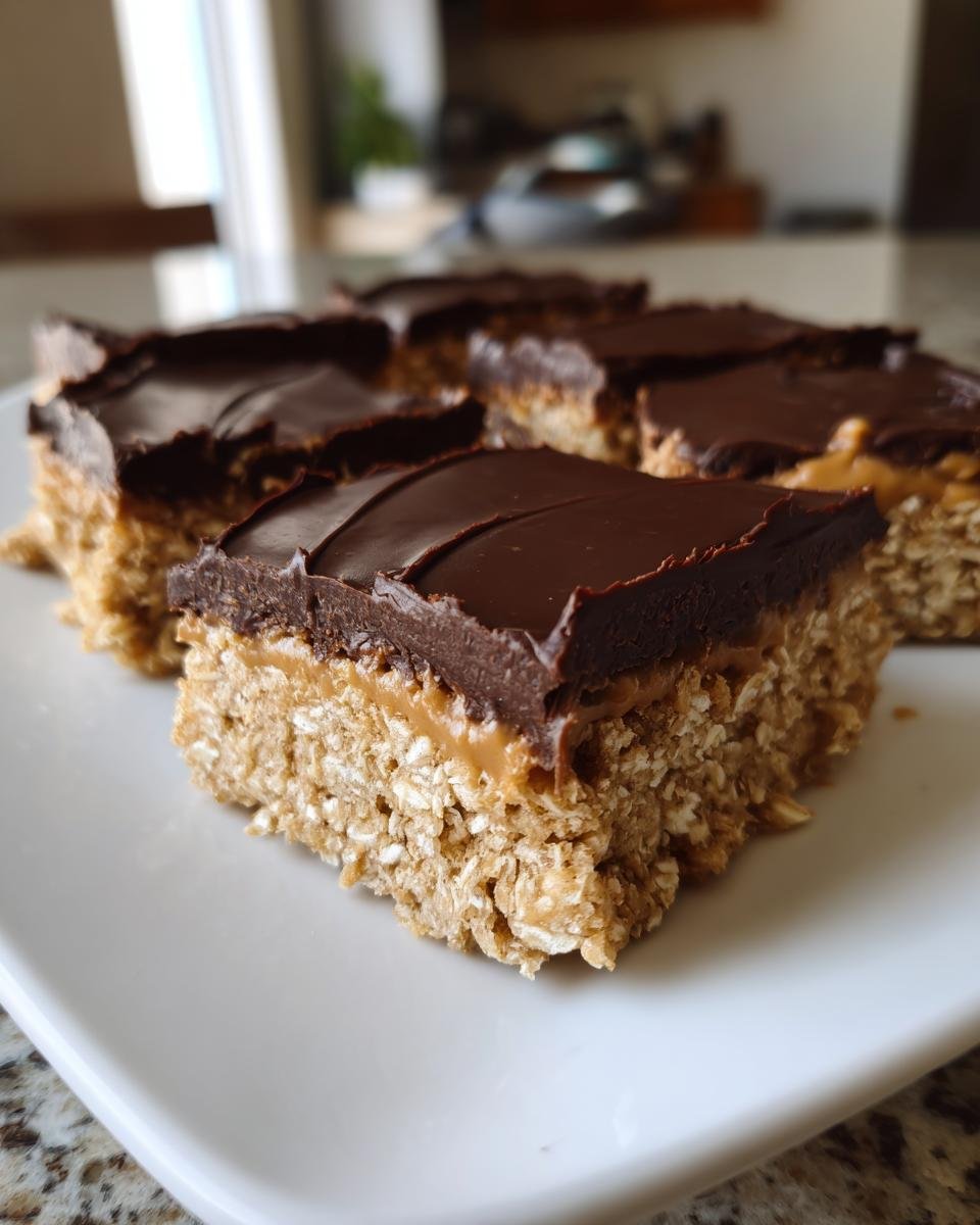 A serving of No Bake Chocolate Peanut Butter Oat Bars featuring an oat base, peanut butter layer, and chocolate topping.