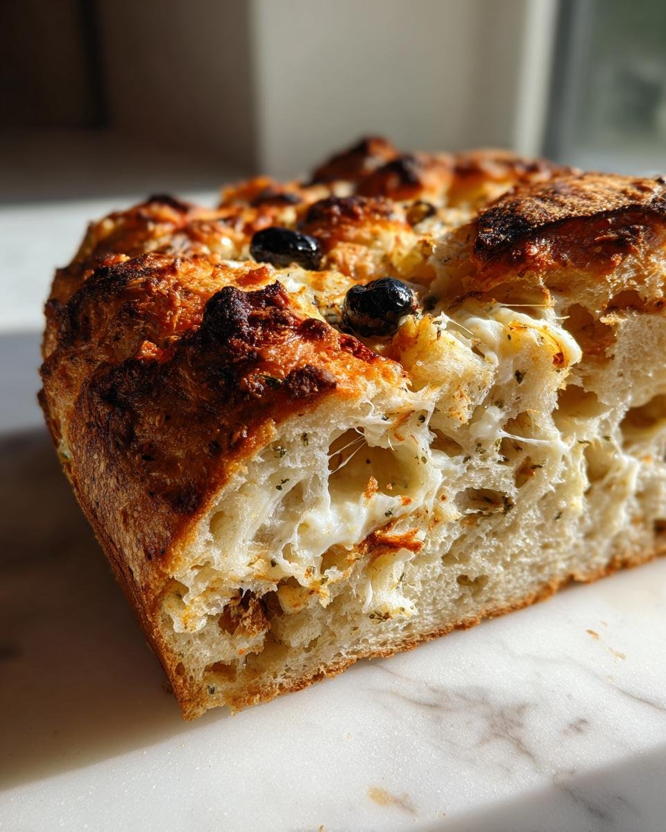 Cross-section of baked Olive Cheese Bread showing a soft, airy crumb filled with melted cheese and topped with black olives.