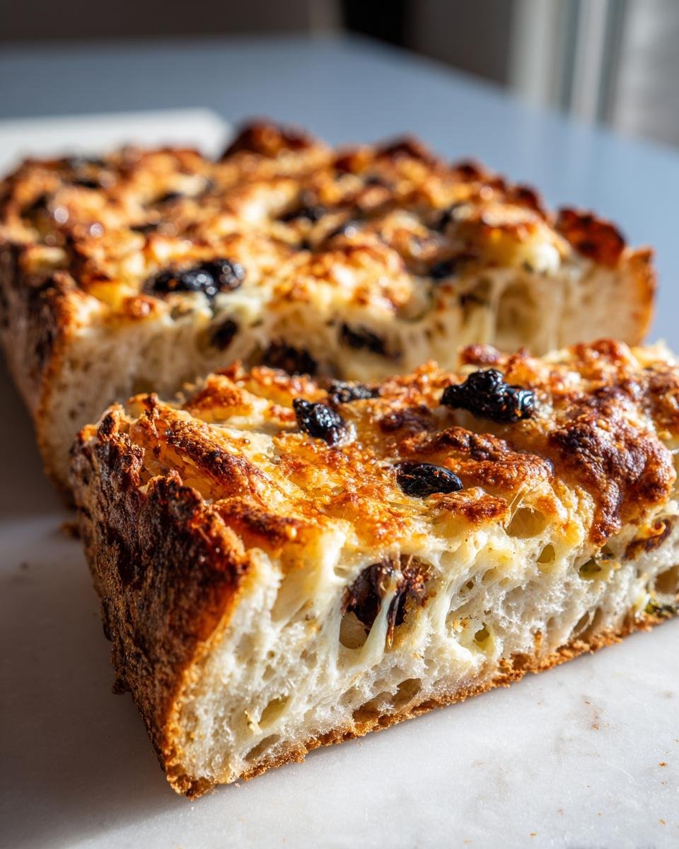 A thick, airy slice of Olive Cheese Bread showing a cheesy, golden-brown top with dark olives and a soft, open crumb structure.