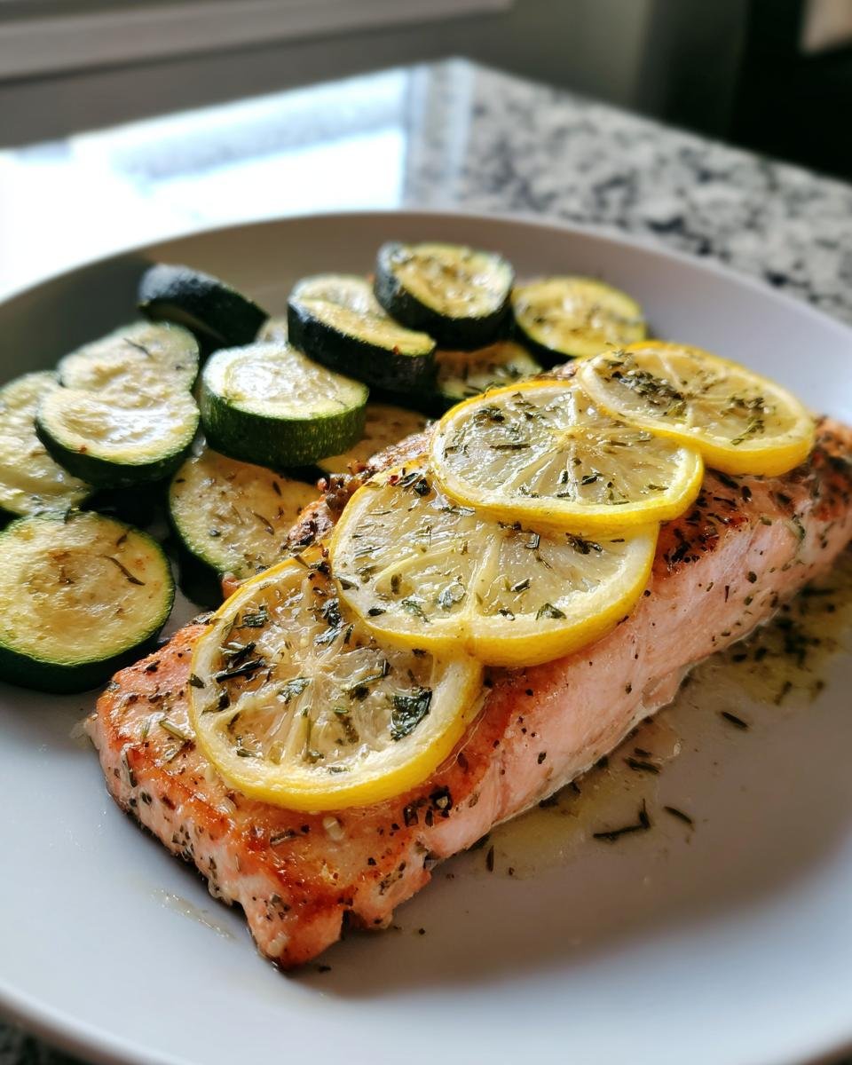 A cooked fillet of One Pan Lemon Herb Salmon And Zucchini topped with lemon slices and herbs.