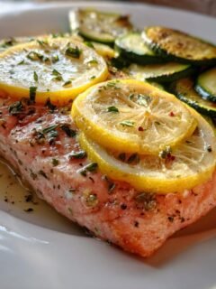 A close-up of cooked One Pan Lemon Herb Salmon And Zucchini served on a white plate.