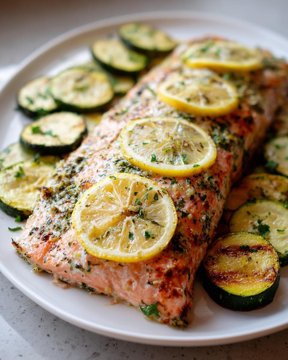 Close-up of a cooked fillet of One Pan Lemon Herb Salmon And Zucchini topped with lemon slices and herbs.