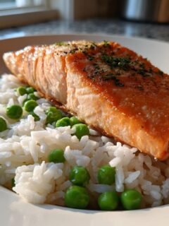A perfectly cooked fillet of salmon resting on a bed of white rice and bright green peas, showcasing the One Pot Salmon And Rice.