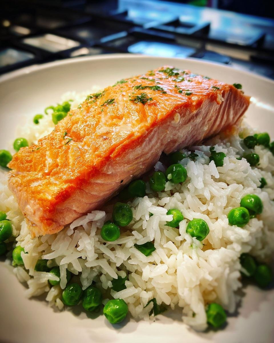 A close-up of a perfectly cooked salmon fillet served over white rice and bright green peas, showcasing the One Pot Salmon And Rice dish.