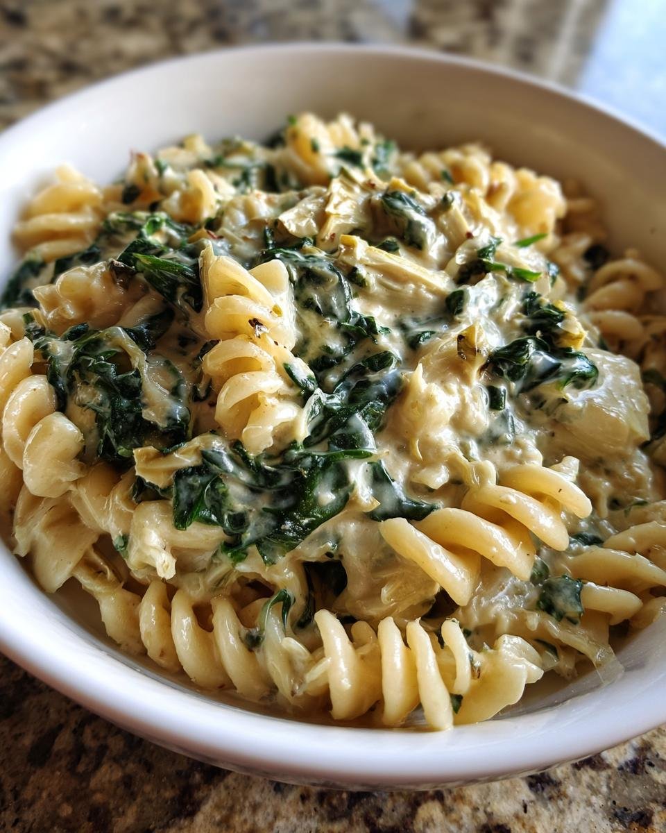 Close-up of a white bowl filled with creamy One Pot Spinach And Artichoke Pasta featuring fusilli noodles.