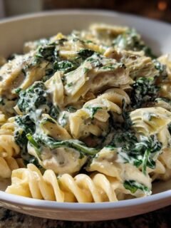 Close-up of creamy One Pot Spinach And Artichoke Pasta with rotini noodles, spinach, and artichoke hearts in a white bowl.