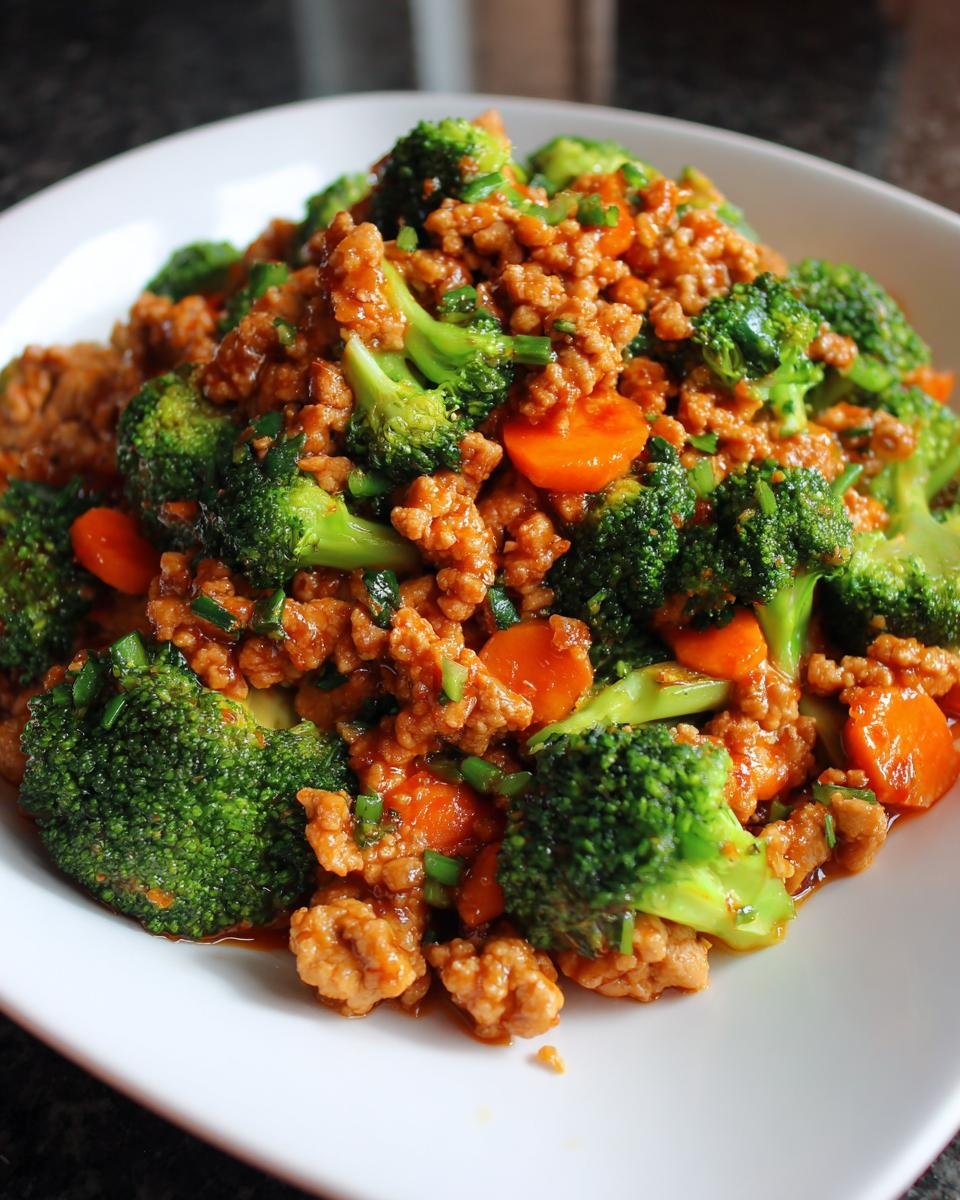 A close-up of Orange Ground Chicken stir-fry served with bright green broccoli florets and sliced carrots on a white plate.