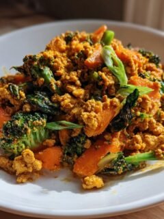 A serving of vibrant Orange Ground Chicken mixed with bright orange carrots and green broccoli florets.