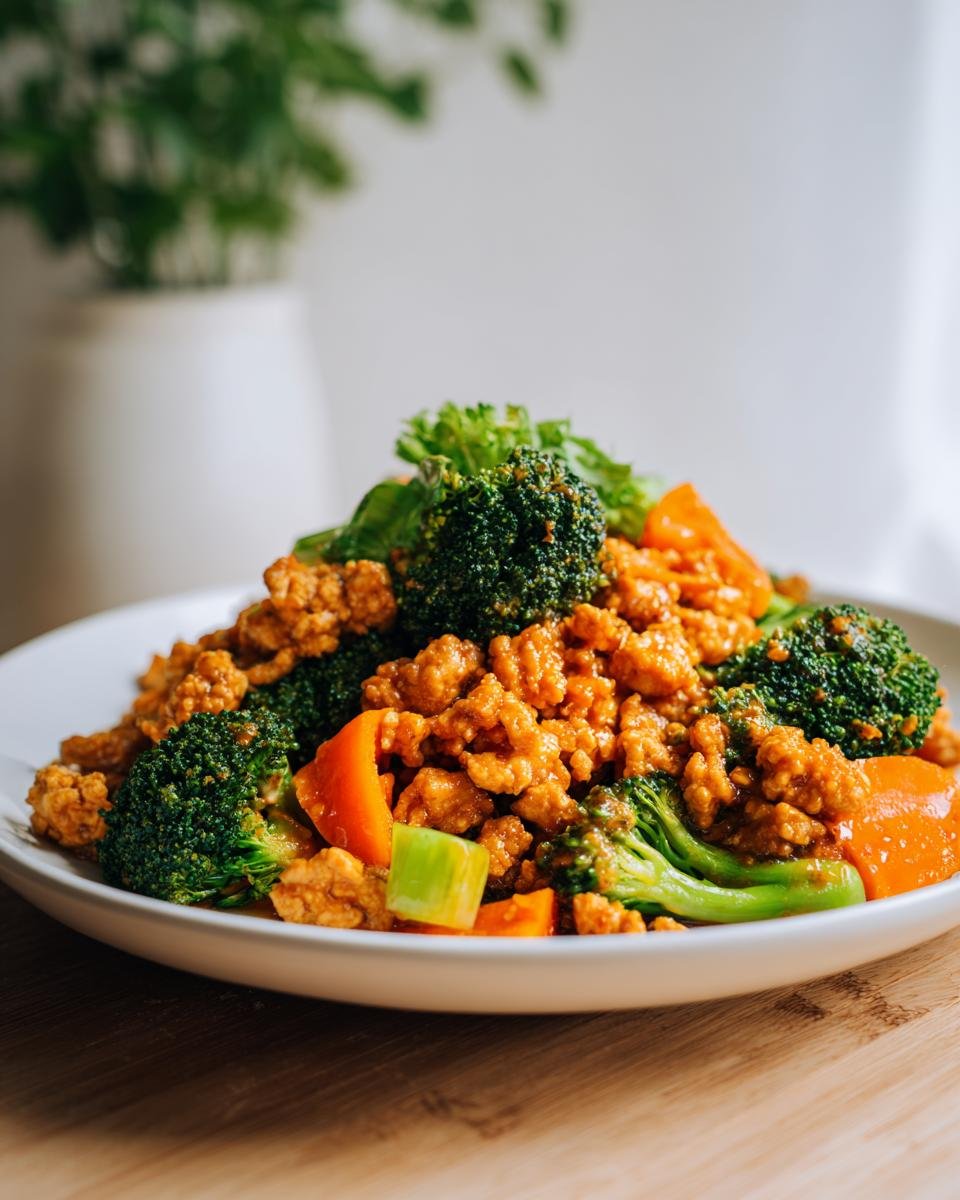 A close-up of Orange Ground Chicken mixed with vibrant broccoli florets and orange bell peppers on a white plate.