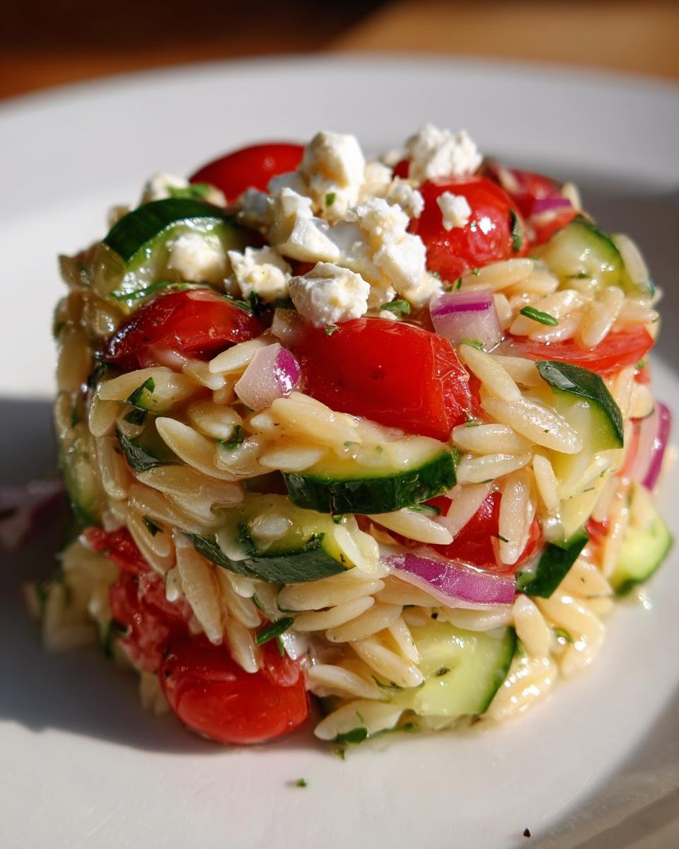 Close-up of a molded serving of Orzo Pasta Salad featuring orzo, cherry tomatoes, cucumbers, red onion, and feta cheese.