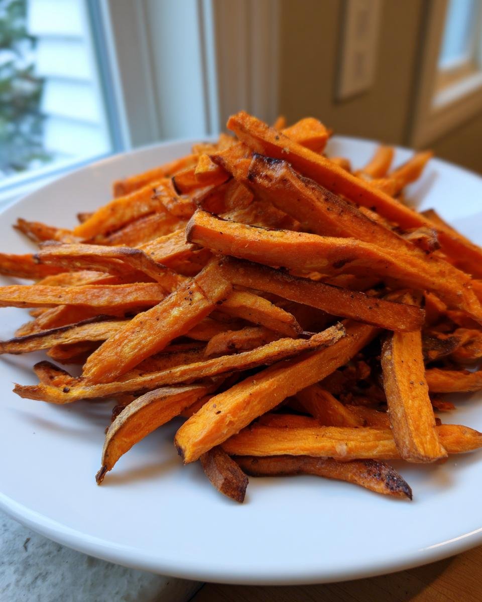 A close-up of a white plate piled high with seasoned Oven Baked Sweet Potato Fries, showing their crispy edges.