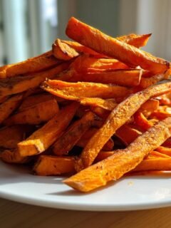A large pile of golden, crispy Oven Baked Sweet Potato Fries stacked high on a white plate.