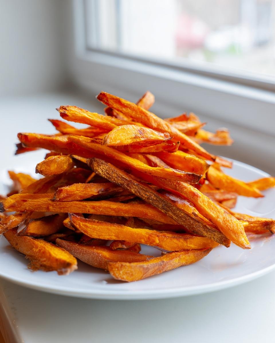 A close-up of a large pile of crispy Oven Baked Sweet Potato Fries served on a white plate.