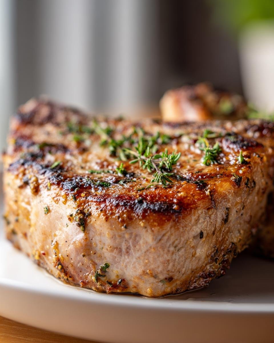 Close-up of a perfectly seared Parmesan Crusted Pork Chop garnished with fresh thyme sprigs.