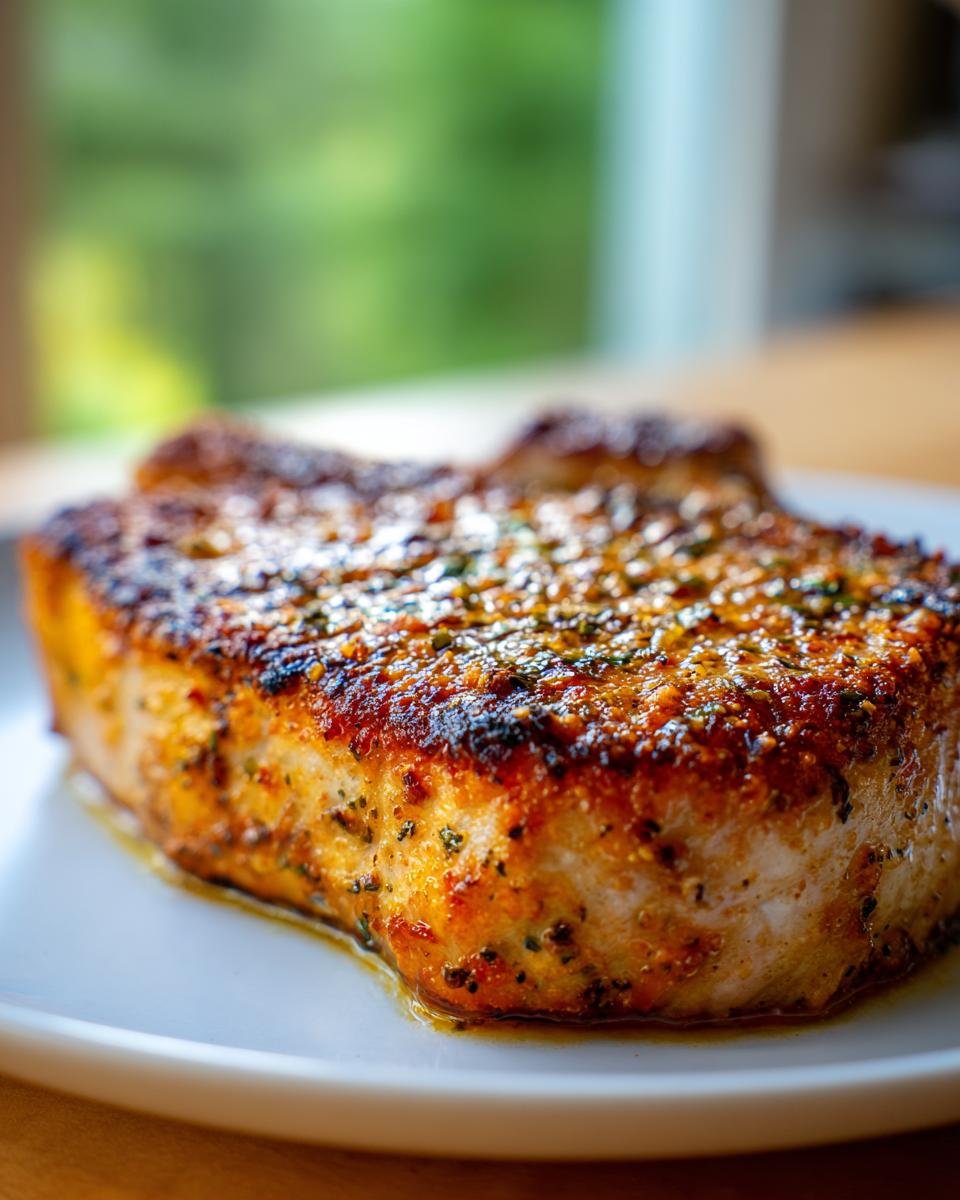Close-up of a thick, juicy Parmesan Crusted Pork Chop with a golden-brown, herb-flecked sear on a white plate.