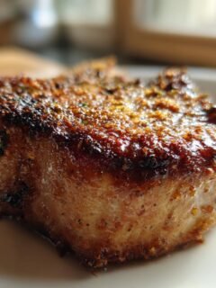 Close-up of a thick, juicy Parmesan Crusted Pork Chop with a dark, golden-brown crust.
