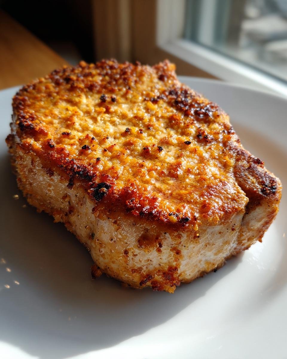 A thick, juicy pork chop with a golden-brown, crispy Parmesan Crusted Pork Chops topping, served on a white plate.