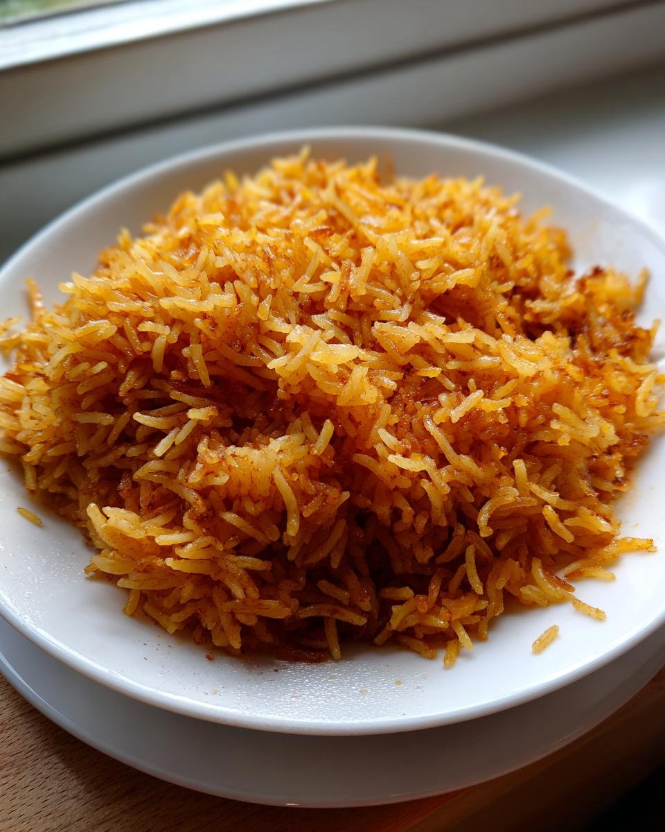 A close-up view of fluffy, orange-hued Persian Tomato Rice served in a white bowl near a window.