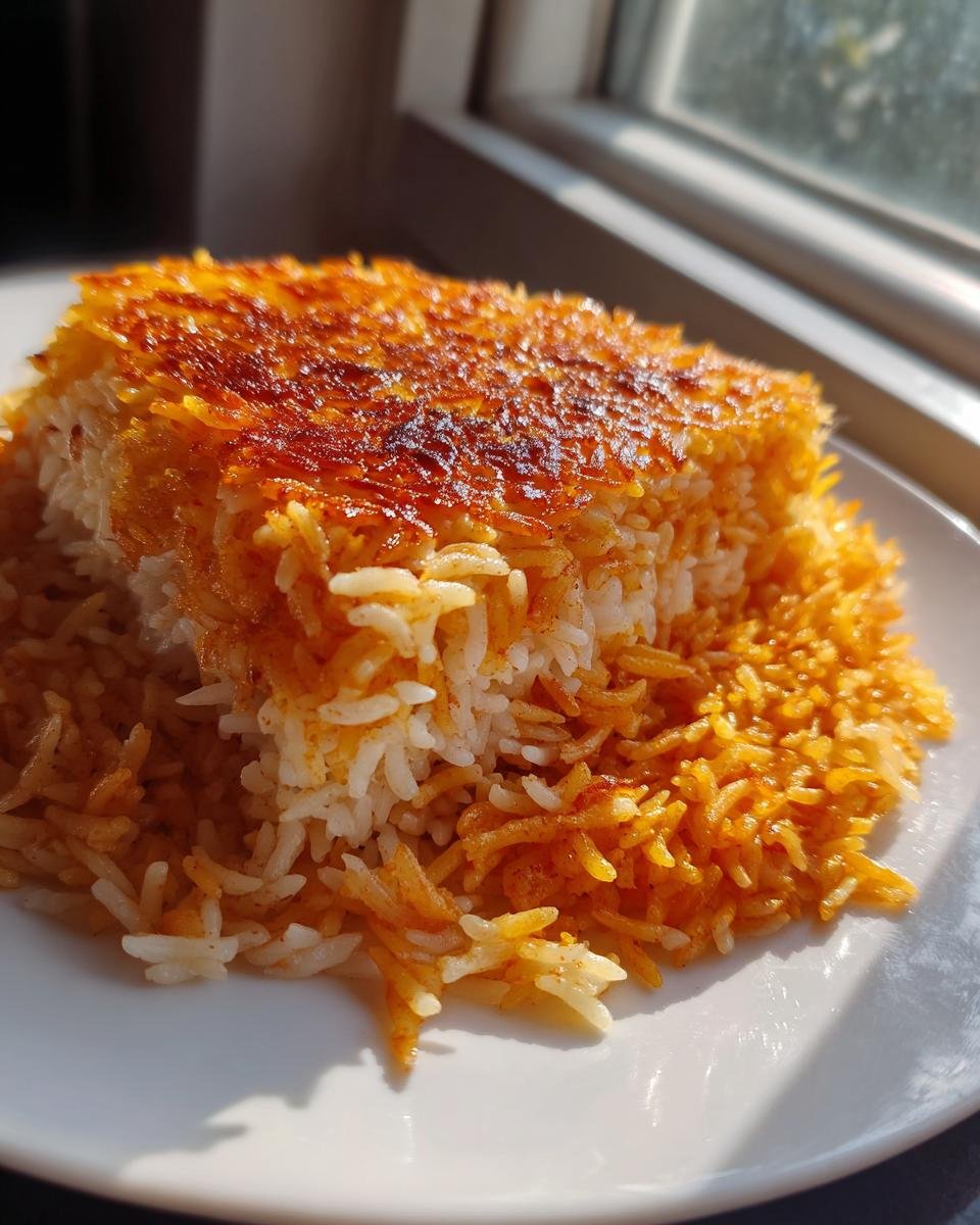 A serving of Persian Tomato Rice showing the golden, crispy tahdig layer on a white plate.