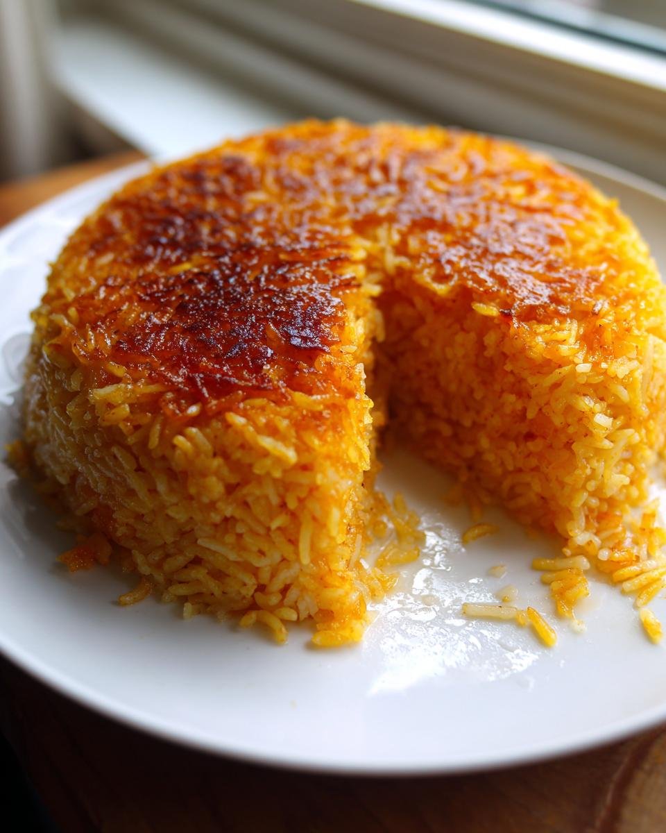 A molded serving of bright orange Persian Tomato Rice showing a golden, crispy tahdig crust on top.
