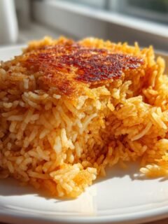 A serving of fluffy Persian Tomato Rice featuring a crispy, golden-brown tahdig crust on top.