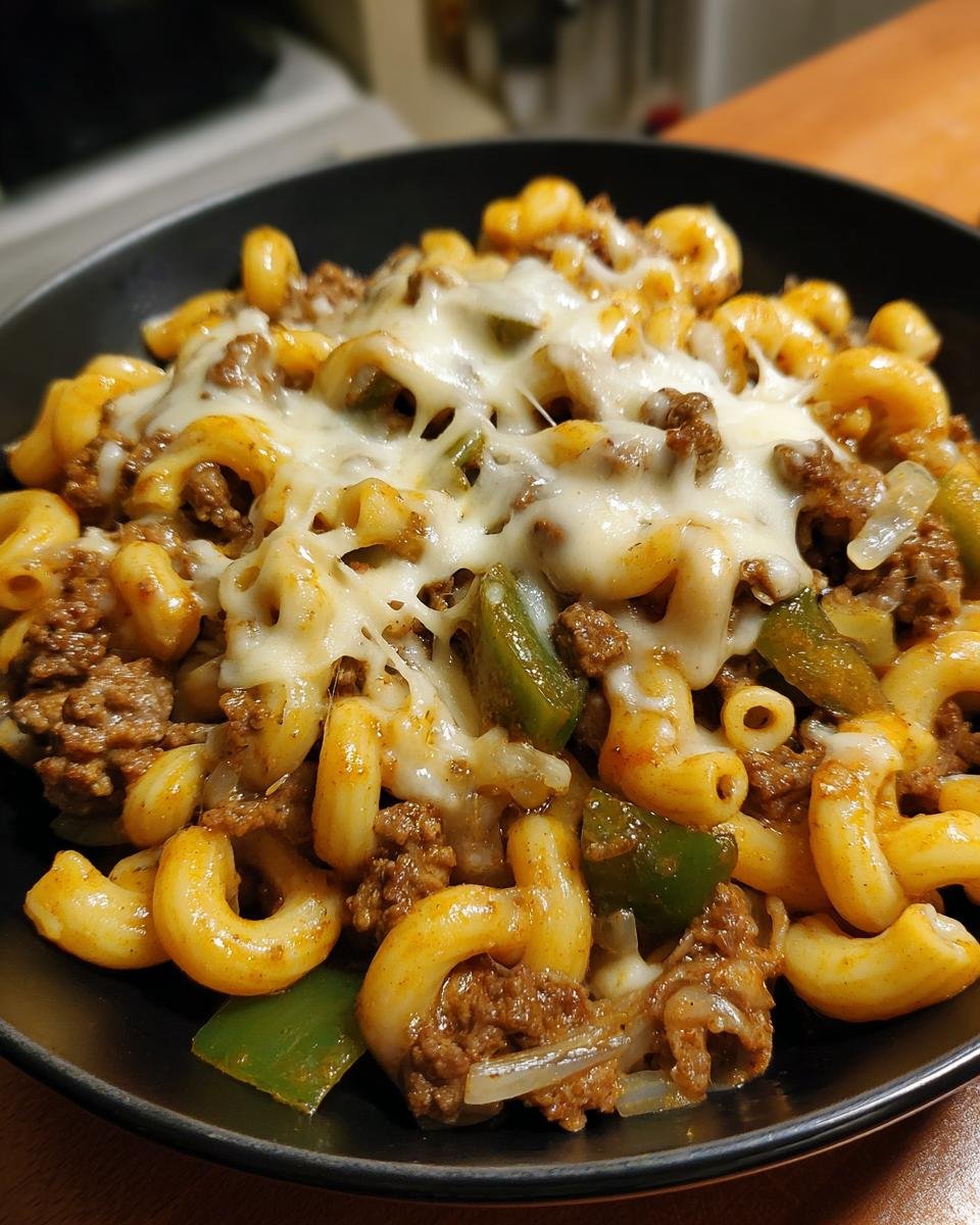Close-up of a serving of Philly Cheesesteak Pasta Skillet topped with melted white cheese, ground beef, and green peppers.