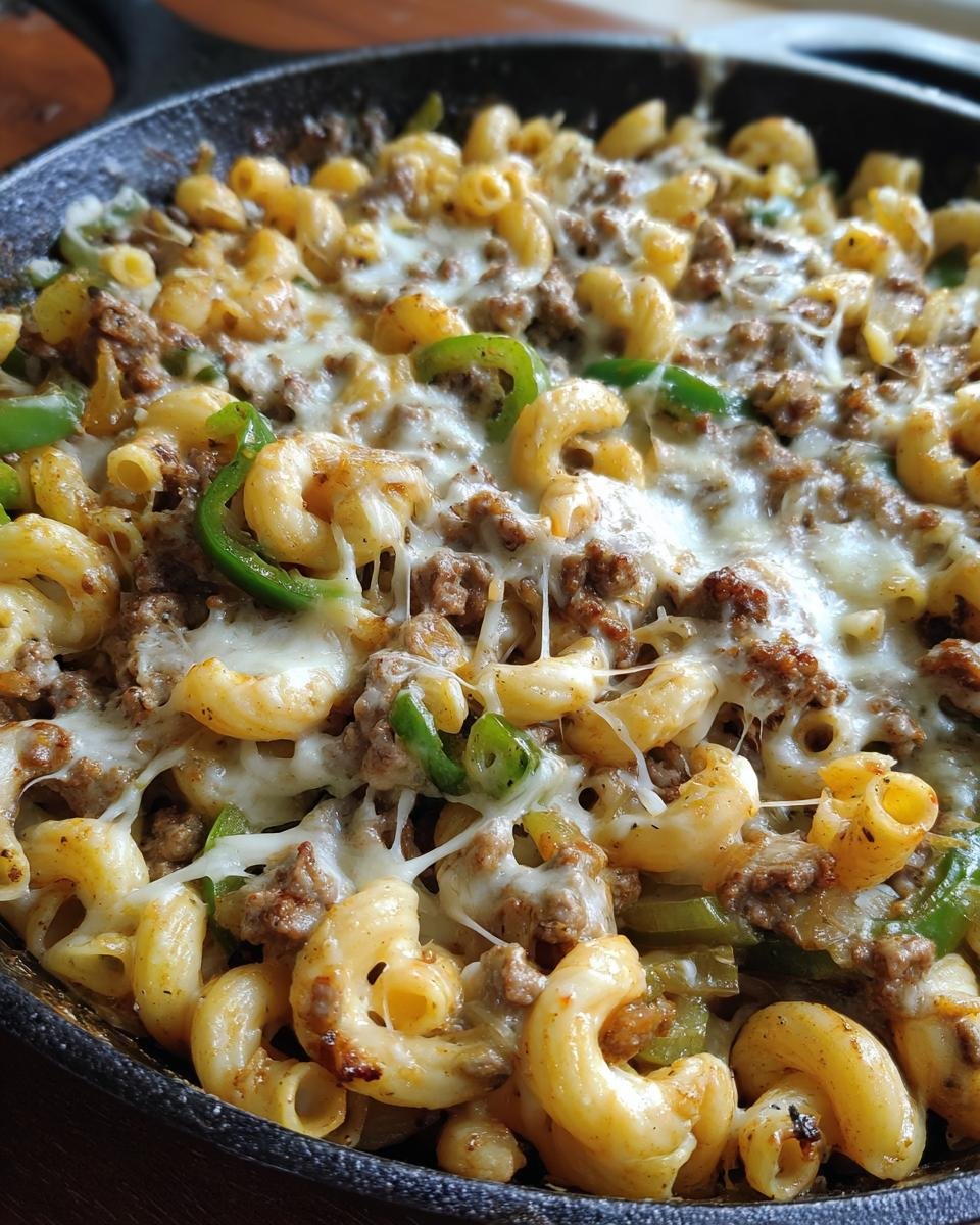 Close-up of melted cheese stretching over macaroni pasta, ground beef, and green peppers in a Philly Cheesesteak Pasta Skillet.
