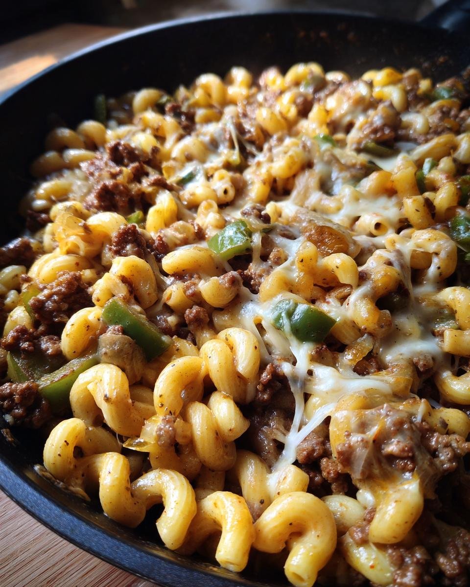 A close-up view of a skillet filled with Philly Cheesesteak Pasta Skillet, featuring elbow macaroni, ground beef, green peppers, and melted cheese.