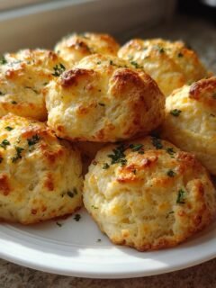 A plate of freshly baked Pillsbury Biscuit Garlic Butter Cheese Bombs, golden brown and topped with chopped parsley.