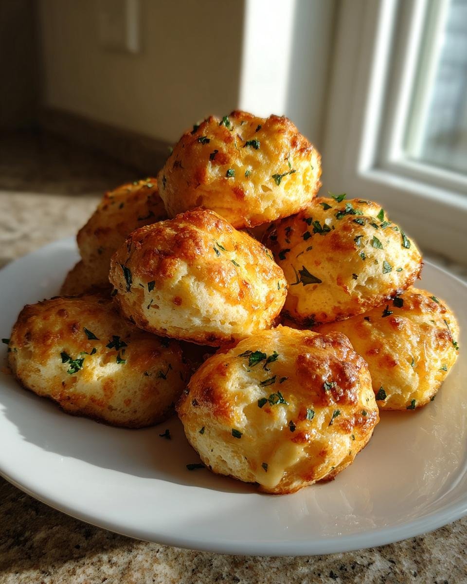 A stack of golden brown Pillsbury Biscuit Garlic Butter Cheese Bombs topped with melted cheese and parsley.