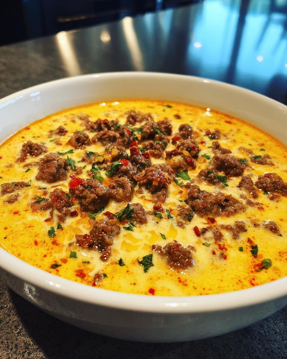 A close-up of a white bowl filled with creamy Queso Blanco Dip With Chorizo, topped with ground meat and chili flakes.
