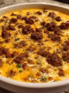 Close-up of creamy Queso Blanco Dip With Chorizo, topped with browned sausage crumbles and green onions.