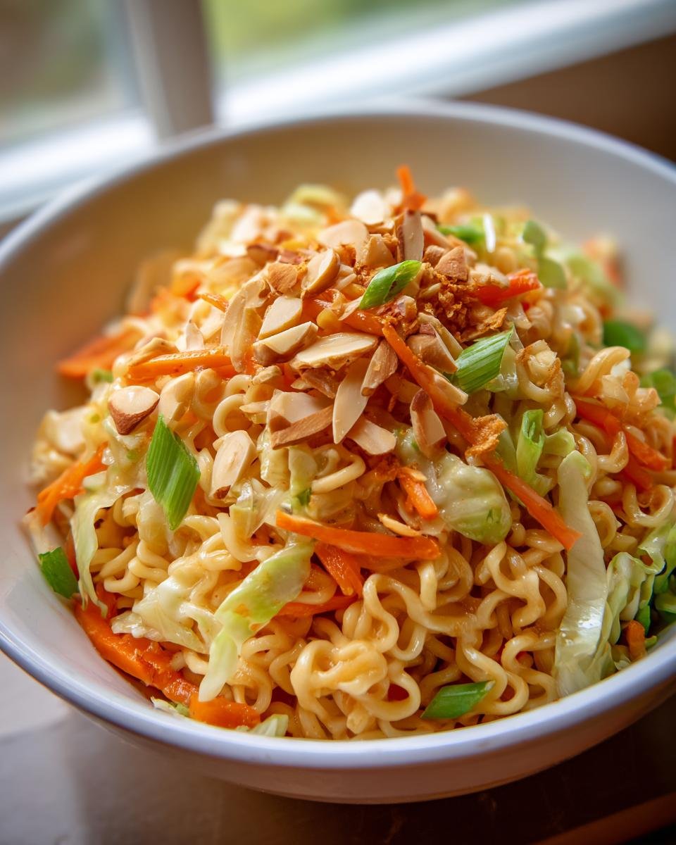 A close-up of a bowl of Ramen Noodle Salad With Cabbage, topped with slivered almonds and green onions.