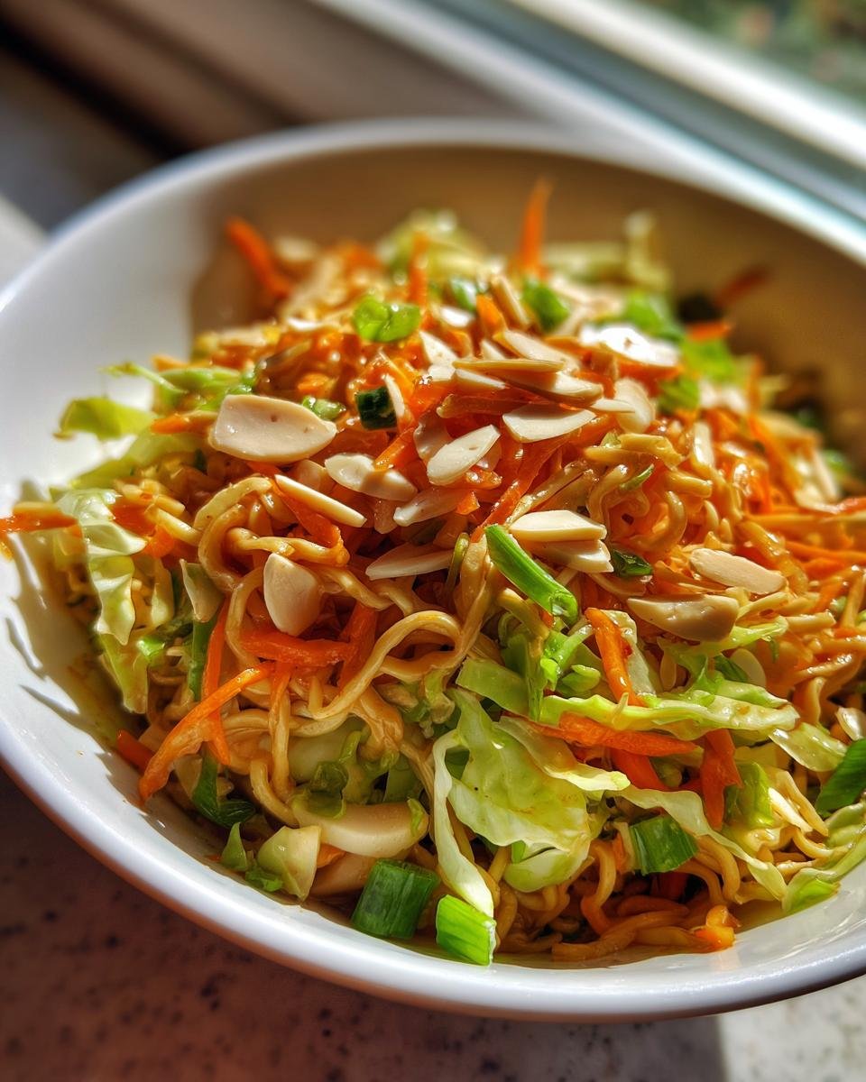Close-up of a white bowl filled with Ramen Noodle Salad With Cabbage, topped with slivered almonds and green onions.