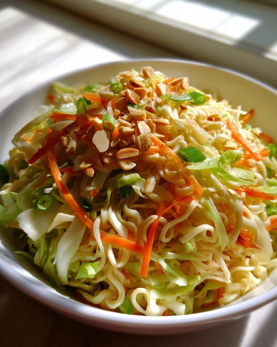 Close-up of Ramen Noodle Salad With Cabbage, topped with slivered almonds and green onions.