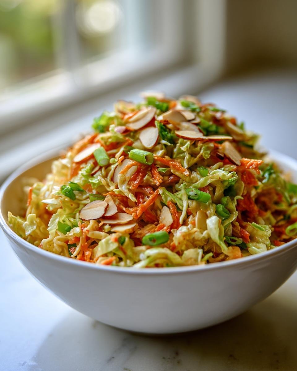 A white bowl filled with Ramen Noodle Salad With Cabbage, topped with sliced almonds and green onions.