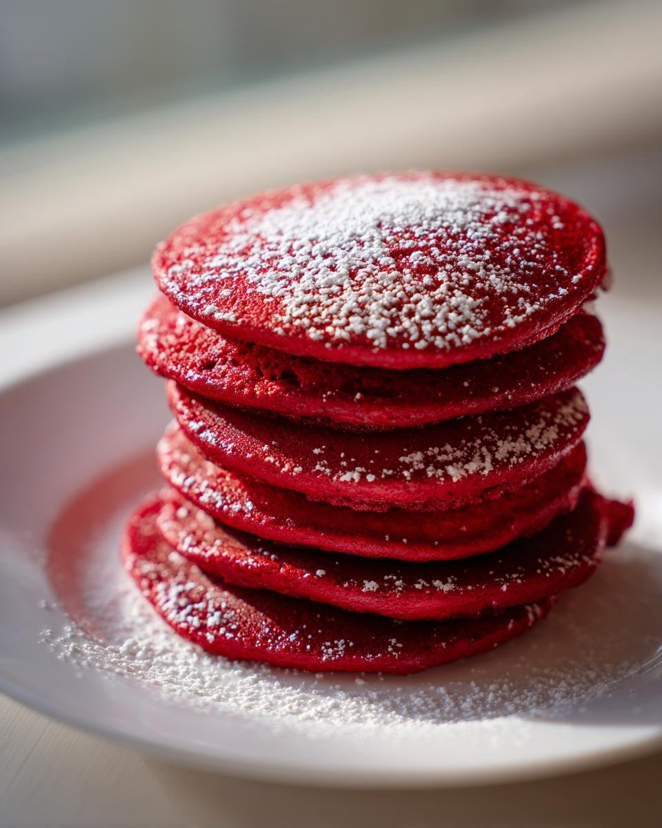 A tall stack of vibrant Red Velvet Pancakes dusted generously with white powdered sugar on a white plate.