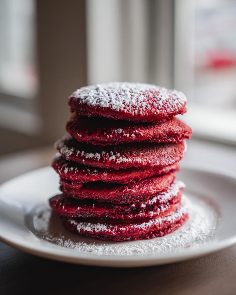 A tall stack of bright red Red Velvet Pancakes dusted generously with white powdered sugar on a white plate.
