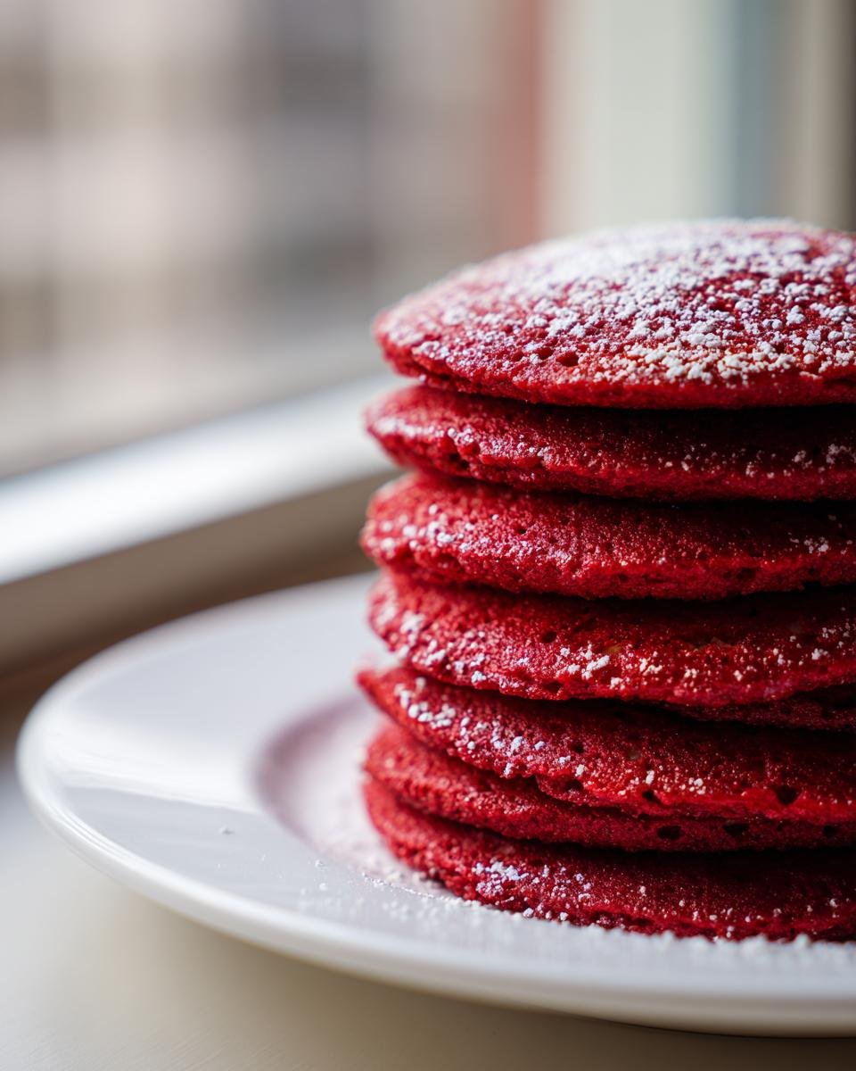 Close-up of a tall stack of vibrant Red Velvet Pancakes dusted with powdered sugar on a white plate.